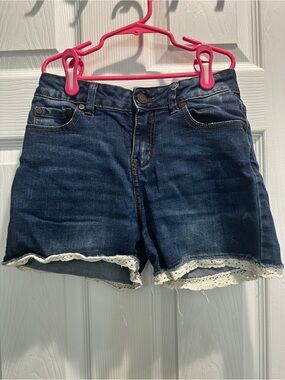 Indigo Rein Dark Blue Denim Shorts with White Lace Hem